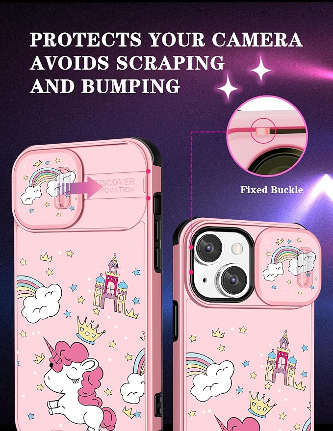 (2in1 for iPhone 14 Case for Women Kawaii Cartoon Girly Phone Cover Cute Unique Design with Slide Camera Cover Protective Rainbow Cases for iPhone14 6.1 inch - Image 3