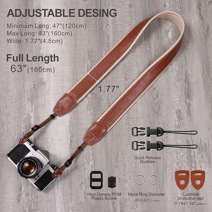 Padwa Lifestyle Tan Top Leather Camera Strap - 1.77" Wide Full Grain Cowhide Camera Straps with Soft Skin Friendly Neck & Shoulder Leather Padded Comfort for Extended Photography by Photographers - Image 7