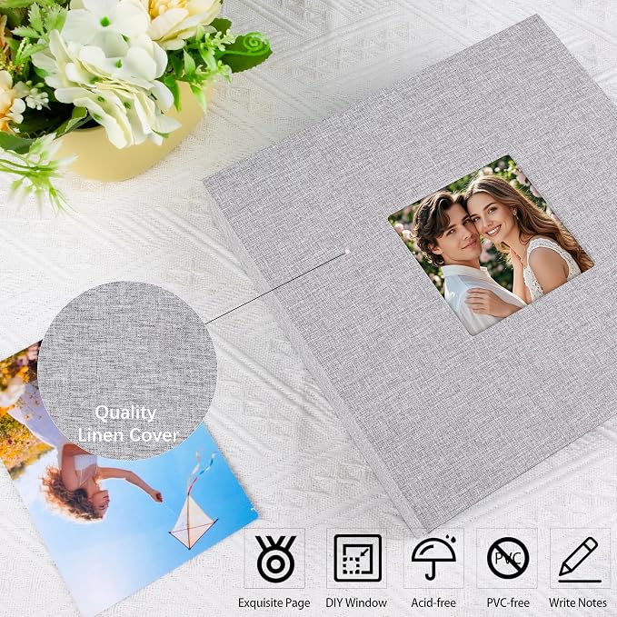 4x6 Photo Album Holds 240 Photos Writing Space, Linen Cover, Grey | Clear Acid-Free Sleeves, Memo Writing Areas, Front Display Window, Baby, Wedding, Travel & Family Picture Keepsakes - Image 6