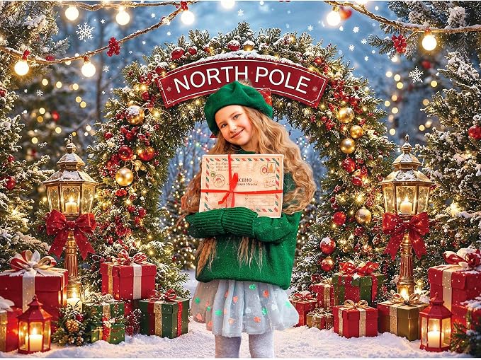Christmas North Pole Photography Backdrop,Winter Aurora Borealis Snowy Forest Scene Background with Street Lamps,Xmas Party Decor Photo Booth Props(10x8ft) - Image 5