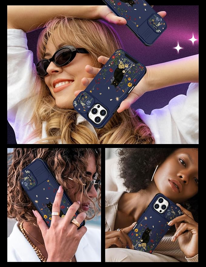 for iPhone 16 Pro Case - Women Cute Phone Cover Girly Pretty Fancy Unique Aesthetic Design Slide Camera Cover Protective Case for Apple for iPhone 16 Pro,Black Cat - Image 6