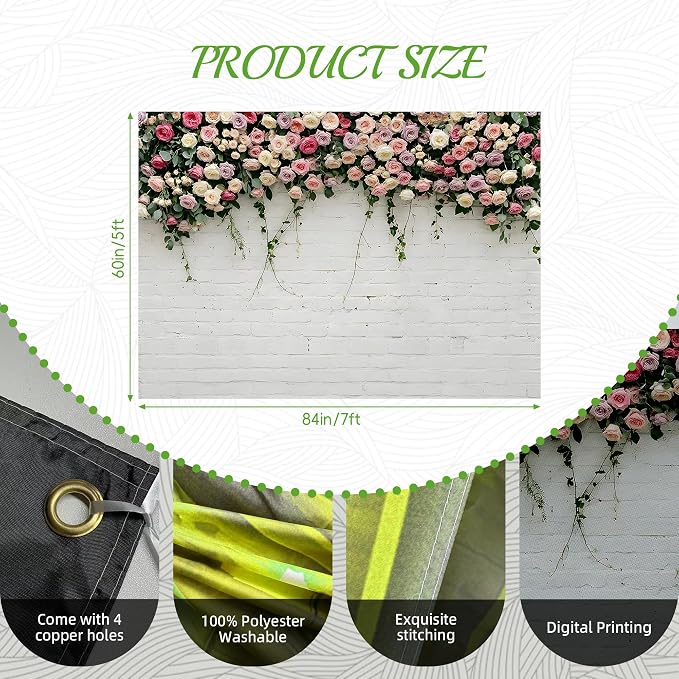 7x5ft White Brick Floral Backdrop for Photoshoot Flower Wall Backdrop | Spring Garden Hanging Flowers Photography Background for Mother's Day, Bridal Shower, Baby Shower - Image 2