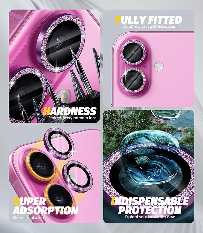 Orzero (3 Sets) Camera Lens Protector Compatible for iPhone 17 6.3”/16 6.1”/16 Plus 6.7“, Protector de Cámera Bling One-Step Installation Individual Metal Ring Case Friendly - Pink - Image 3