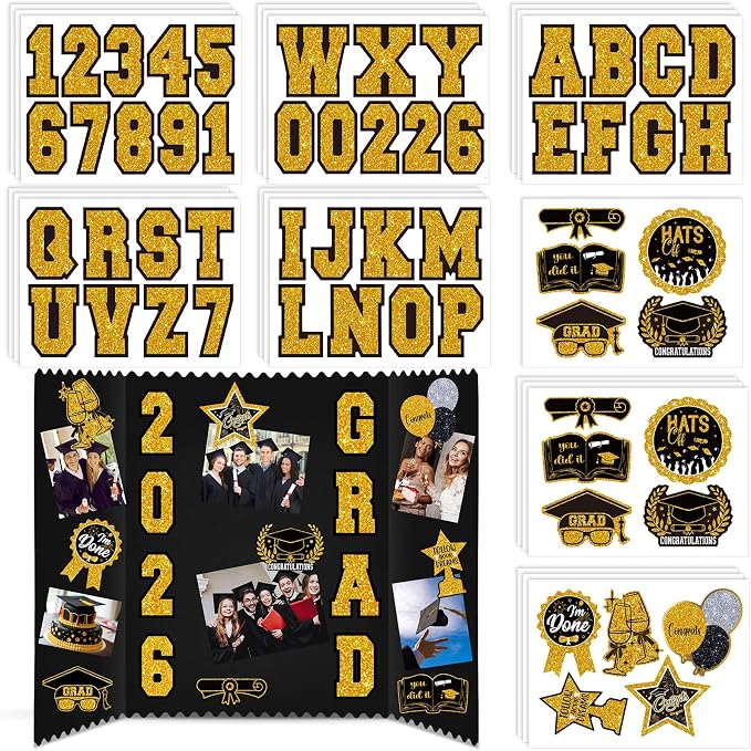 Glenmal 28 Sheets Graduation Photo Display Board Sticker Class of 2026 Black Gold Picture Display Stickers Accessories for 2026 Grad Party College Board Photo Frame Decor by Glenmal