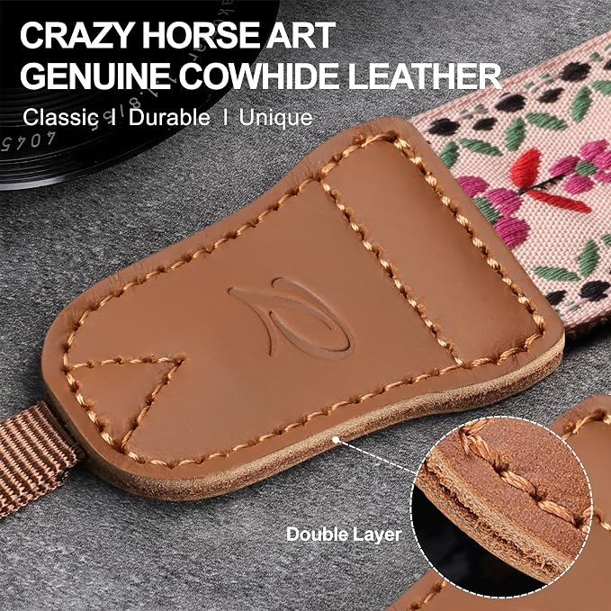 Padwa Lifestyle Embroidered Floral Camera Strap - 1.5" Crazy Horse Cowhide Ends Camera Straps for Photographers, Cute Cotton Weave Soft Suede Fabric Padded Strap fits All Cameras for Adults & Kids - Image 3