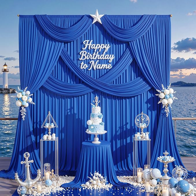 50ft x 10ft Wrinkle Free Royal Blue Backdrop Curtain for Party, Polyester Royal Blue Photo Backdrop Drapes 10 Panels 5x10ft for Birthday Photography Background Weddings Baby Shower Party - Image 2