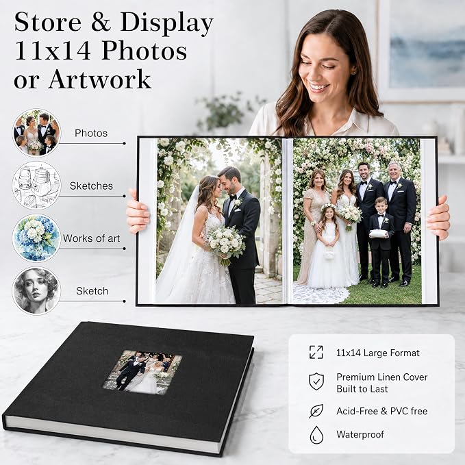 Aevdor 11x14 Photo Album and Art Portfolio, 64 Photos, Linen Cover, Black | Front Display Window, Clear 11x14 Sleeves for Oversized Prints, Certificates, Artwork & Drawings - Image 2
