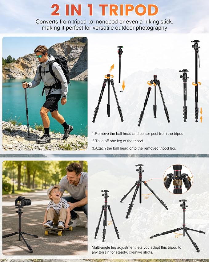 MACTREM 90in 2-in-1 Camera Tripod Monopod Aluminum Heavy Duty Travel Tripod | 360° Ball Head for Macro Photography, Max Load 33lb, Portable for DSLR & Phone, Includes Carry Bag for Travel & Vlogging - Image 4
