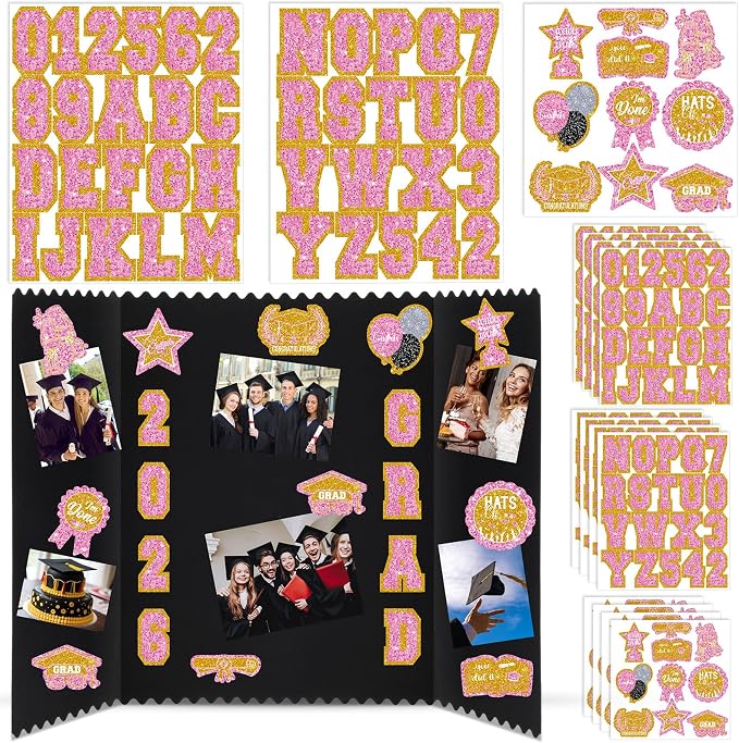 Glenmal 14 Sheets Graduation Photo Display Board Sticker Class of 2026 Pink Gold Picture Display Stickers Accessories for 2026 Grad Party College Board Photo Frame Decor (12x10inch, 8.3x8.3inch) by Glenmal