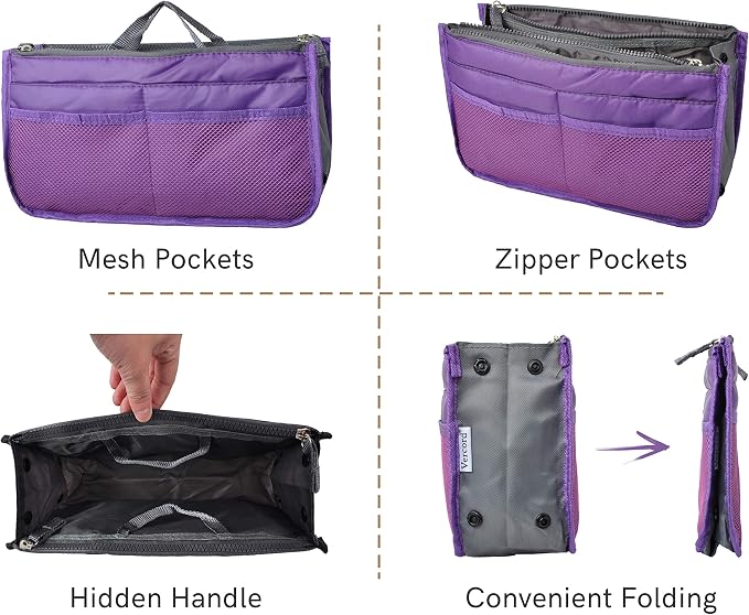 Vercord Purse Organizer Insert for Handbags Bag Organizers Inside Tote Pocketbook Women Nurse Nylon 13 Pockets Purple Medium - Image 4