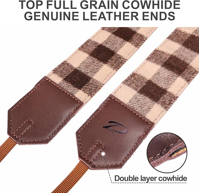 Padwa Lifestyle Camera Strap - 2" Full Grain Leather Ends Camera Straps for Photographers, Unique Vintage Cashmere and Soft Suede Fabric Padded Strap Quick Release fits All Cameras(Beige Coffee Check) - Image 3