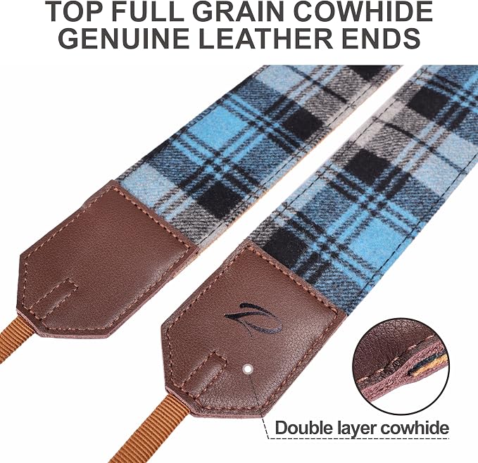 Padwa Lifestyle Camera Strap - 2" Full Grain Leather Ends Camera Straps for Photographers, Unique Vintage Cashmere and Soft Suede Fabric Padded Strap Quick Release fits All Cameras(Blue Check) - Image 3