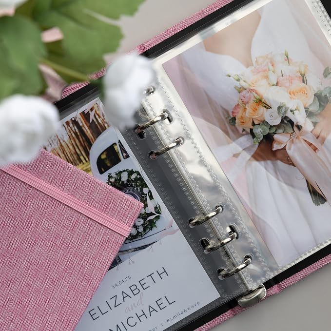 Photo Album For 2X6 Photo Booth Slip In Strips And 4X6 Pictures - 6 Ring Notebook Binder With 20 2 By 6 Sleeves - Fits 80 Photobooth Prints (ROSE PINK - LINEN HARDCOVER, 4X6) by SMILEWAVE