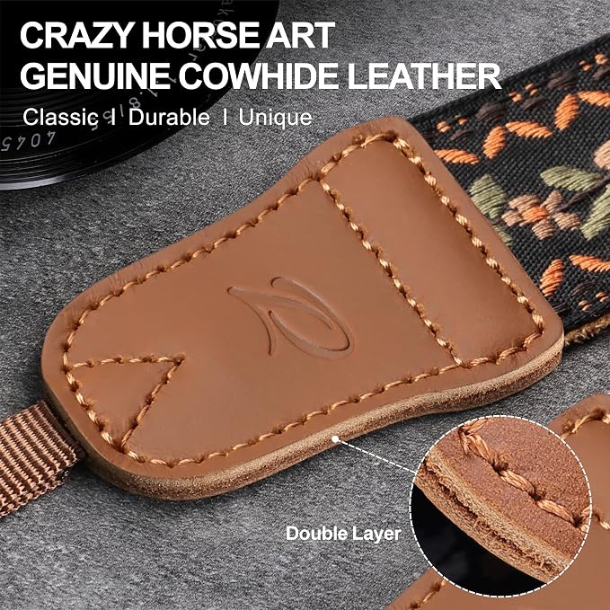 Padwa Lifestyle Embroidered Floral Camera Strap - 1.5" Crazy Horse Cowhide Ends Camera Straps for Photographers, Cute Cotton Weave Soft Suede Fabric Padded Strap fits All Cameras for Adults & Kids - Image 3
