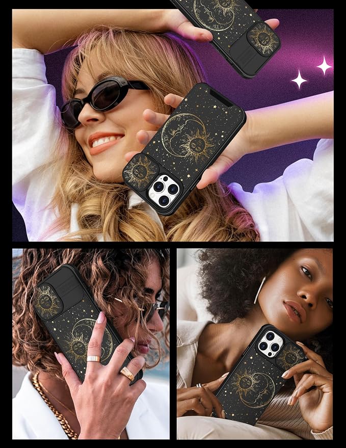 (2in1 for iPhone 13 Pro Max Case Sun and Moon for Women Cute Stars Phone Cover Star Design with Slide Camera Cover Protective Fashion Golden Space Cases for Apple 13 Pro Max 6.7'' - Image 6