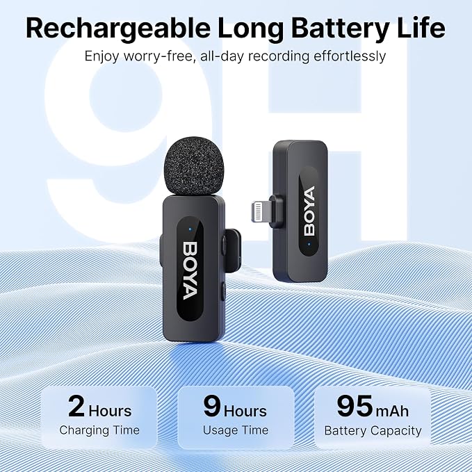 BOYA BY-V1 Wireless Microphones for iPhone iPad with MFi Certified Lightning Port, 328ft Range, 9H Battery Life, Noise Reduction Mini Mic Clip on Lapel Microphone Wireless for Video Recroding - Image 2