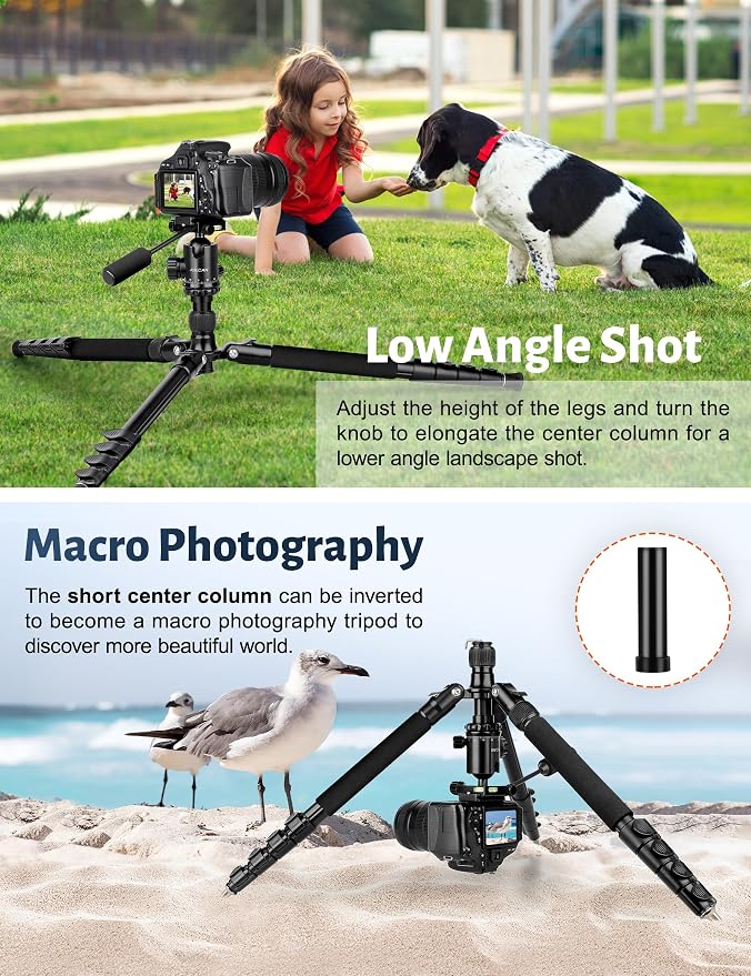 83" Camera Tripod, Aluminum Tripod Monopod for DSLR Phone | Heavy Duty Travel Tripod for Spotting Scope Binoculars Telescope Camcorder, 360° Ball Head, Max Load 35lb - Image 6