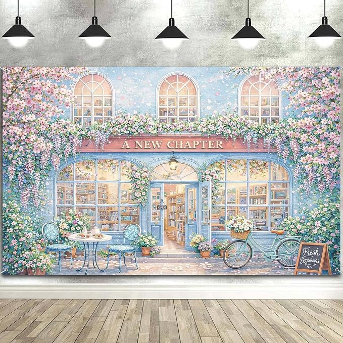 15X10ft A New Chapter Begins Backdrop Bridal Shower Blue Floral Book Shop Wedding Engagement Photography Background Bridal Shower Party Decoration Supplies Cake Table Photo Booth Studio Props - Image 3