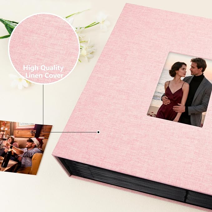 Aevdor Large Capacity 4x6 Photo Album, 1000 Photos, Linen Cover, Pink | 3 Horizontal + 2 Vertical per Side, Acid-Free Black Inner Pages, Front Display Window, Family, Wedding & Everyday Photos - Image 6