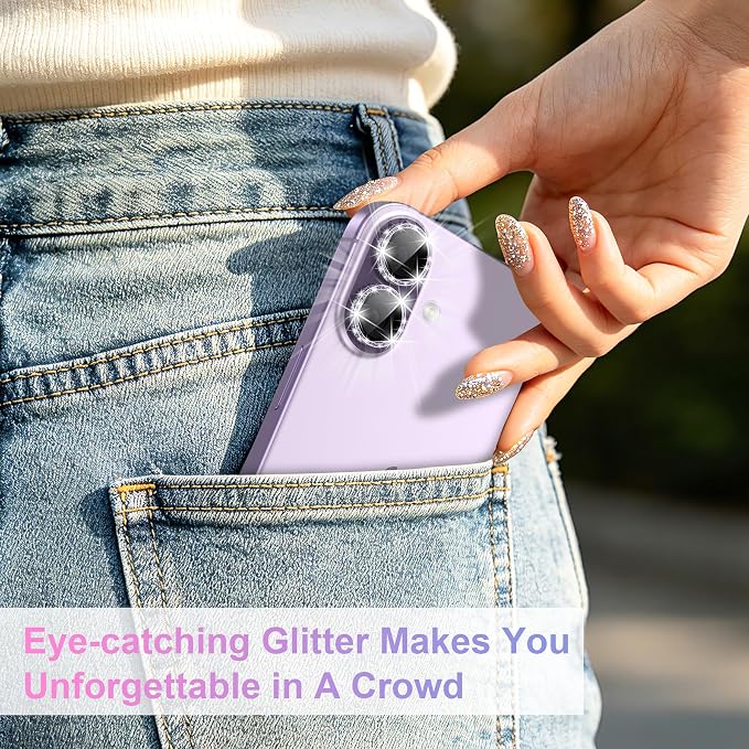 YWXTW [All-Over Glitter Camera Lens Protector for iPhone 17/iPhone 16/iPhone 16 Plus, 9H Tempered Glass Camera Lens Cover, Anti-Scratch Case Friendly(Purple) - Image 7
