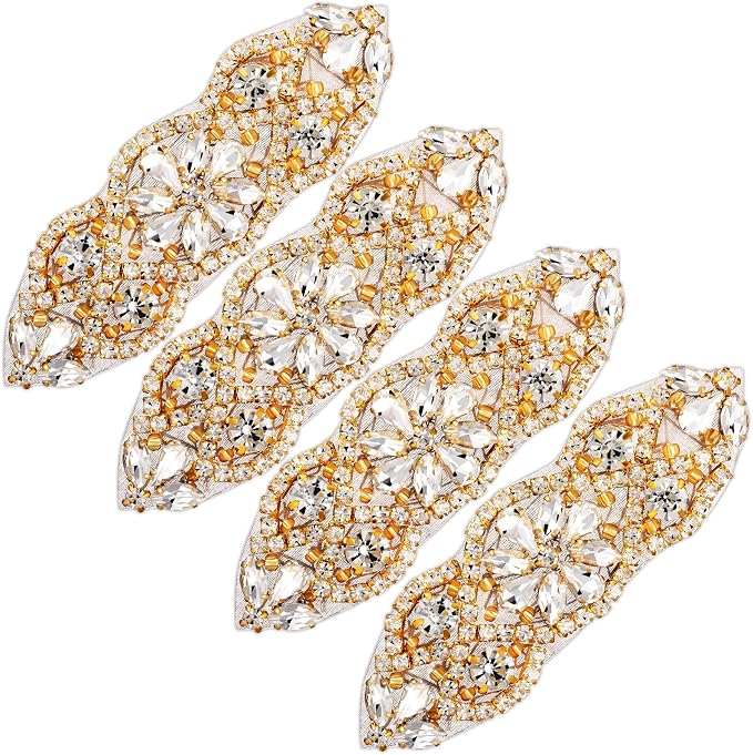 Jutom 4 Pieces Rhinestone Applique Rhinestone Iron on Patch Hot Fix Wedding Hair Appliques for Bridal Wedding Dress Clothes Sash Crystal Belt Sewing Shoes(Gold) by Jutom