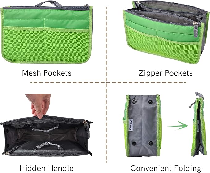 Vercord Purse Organizer Insert for Handbags Bag Organizers Inside Tote Pocketbook Women Nurse Nylon 13 Pockets Green Medium - Image 4