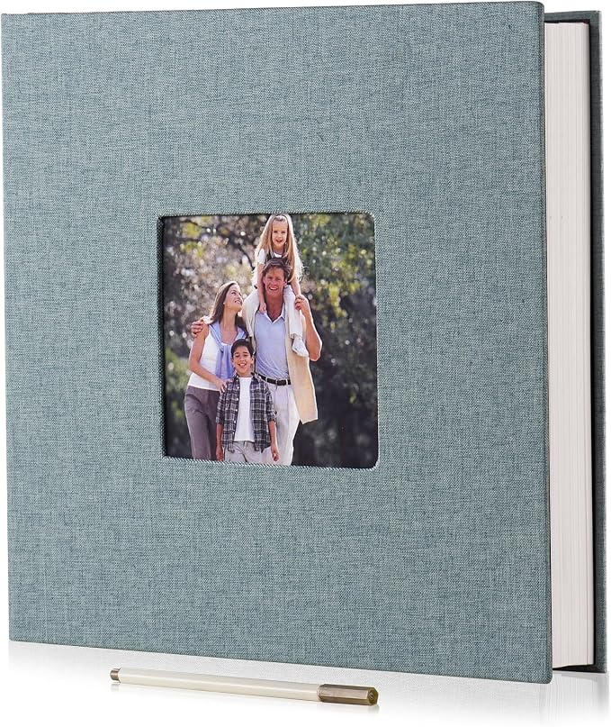 HoneyTolly Large Photo Album Self Adhesive with Picture Display Window, DIY Scrapbook Album for 4x6 8x10 Pictures, 40 Pages Linen Cover Memory Book with Scraper and Metallic Pen(Green) by HoneyTolly