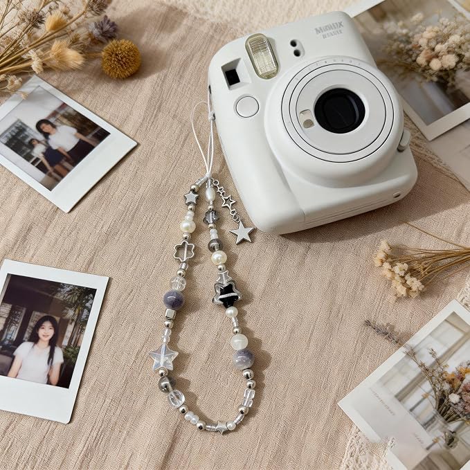 2 Pcs Phone Charm Strap Hand for iPhone Wrist Strap Camera Lanyard Pearl Beaded Cute Chain String Accessories Universal for iPhone 17 Pro Max 16 15 Samsung Women Girls Keychain Silver and Black Star - Image 4