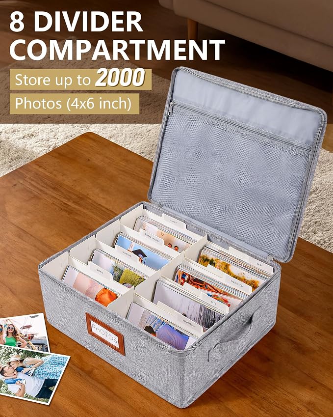 HULISEN Photo Storage Box, Photo Organizer for 2000 4x6 Pictures, Grey | Linen Keepsake Box with Zipper Lid, 8 Dividers, Label Cards Included, Mesh Pocket for Larger Prints, Family Memory Storage - Image 2