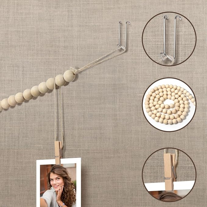 Office Cubicle Hanging Photo Display with Clips, 9 Wood Clips,2 Cubicle Clips for Fabric Wall, Photo Hanger for Boho Office Cubicle Decor, Boho Desk Decor - Image 4