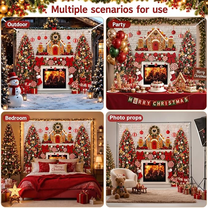 Peryiter Christmas Backdrop for Photography Xmas Tree Stocking Candy Gift Polyester Background Decoration Party Backdrop for Home Decoration Photo Studio Props (7x5 ft,Gingerbread House) - Image 6
