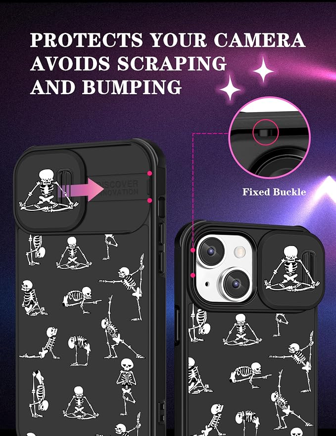 (2in1 for iPhone 15 Case Skull Skeleton Women Boys Goth Phone Cover Fun Gothic Cute Cool Spooky Black Funny Design with Slide Camera Cover Protective Stand Holder for iPhone 15 Cases 6.1'' - Image 3