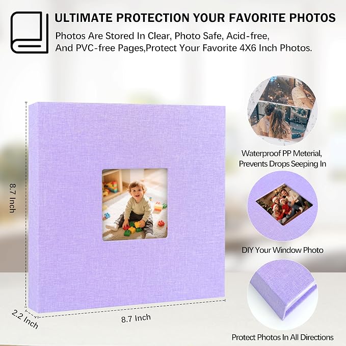 4x6 Photo Album Holds 240 Photos Writing Space Linen Cover, Purple | Clear Acid-Free Sleeves, Memo Writing Areas, Front Display Window, Baby, Wedding, Travel & Family Picture Keepsakes - Image 7