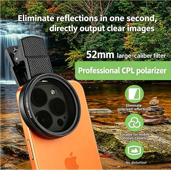 New CPL Phone Camera Filter Kit with Polarization, Universal Clip-On to Eliminate Glare & Boost Colors for iPhone 17 16 15 14 13 12 11 and Other Smart Phones Photography (52mm) - Image 2