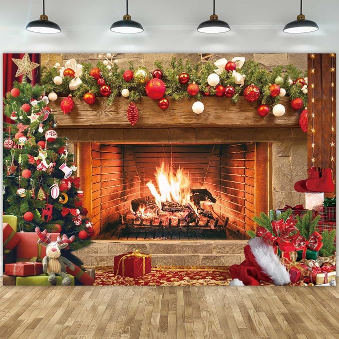 8x6ft Polyester Fabric Christmas Fireplace Backdrop Vintage Xmas Tree Sock Background Photography for Kids Portrait Party Decorations Photo Studio Booth Props Decor Supplies - Image 2