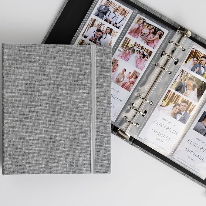 Photo Album For 2X6 Photo Booth Slip In Strips And 4X6 Pictures - 6 Ring Notebook Binder With 20 2 By 6 Sleeves - Fits 80 Photobooth Prints (SIMPLE GREY - LINEN HARDCOVER, 2X6) by SMILEWAVE