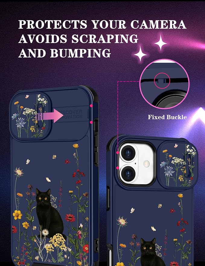 for iPhone 16 Case - Women Cute Phone Cover Girly Pretty Fancy Unique Aesthetic Design Slide Camera Cover Protective Case for Apple for iPhone 16,Black Cat - Image 3