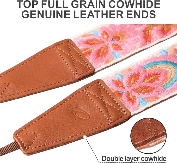 Padwa Lifestyle Colorful Knit Camera Strap - 2" Full Grain Leather Ends Camera Straps for Photographers, Vintage Embroidered Cotton Soft Suede Fabric Padded Strap Quick Release fits All Cameras - Image 2
