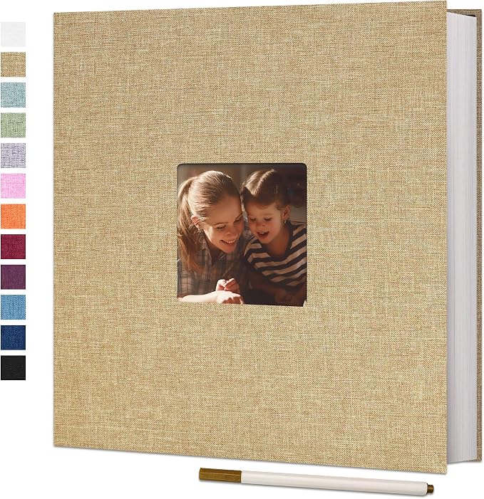 Vienrose Large Self Adhesive Photo Album with Window 13x12.6 60 Pages Khaki | Linen Cover, Scrapbook, Fits 4X6 8X10 10X12 Pictures, Metallic Pen, Diy by Vienrose