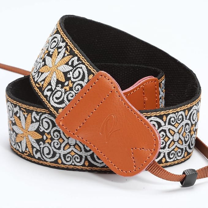 Padwa Lifestyle Camera Strap - 2" Cowhide Head Yellow Floral Camera Straps for Photographers,Vintage Jacquard Embroidery Woven Cotton Adjustable Shoulder Neck Straps for All DSLR Cameras - Image 8