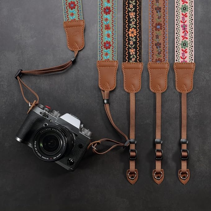 Padwa Lifestyle Embroidered Floral Camera Strap - 1.5" Crazy Horse Cowhide Ends Camera Straps for Photographers, Cute Cotton Weave Soft Suede Fabric Padded Strap fits All Cameras for Adults & Kids - Image 8