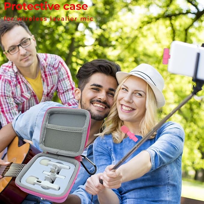 Hard Travel Carrying Mic Case Wireless Lavalier Microphone Case with 3 Slots for Wireless Lavalier Microphone Lapel clip-on Mic (Pink) - Image 3