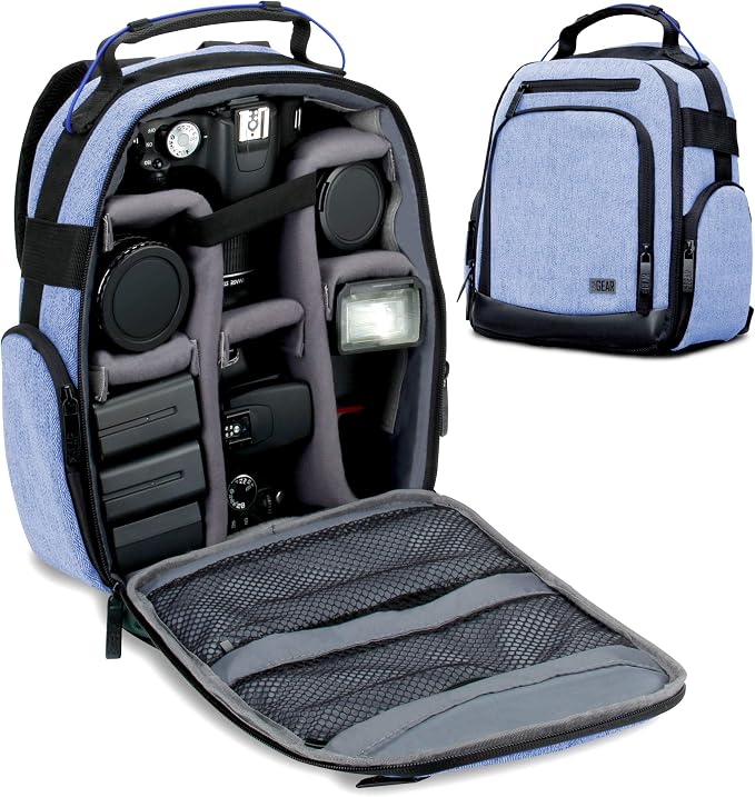 USA Gear Portable Camera Backpack for DSLR with Customizable Accessory Dividers, Weather Resistant Bottom and Comfortable Back Support - Compatible with Canon, Nikon, Sony, Fujifilm, and More (Blue) by USAGEAR