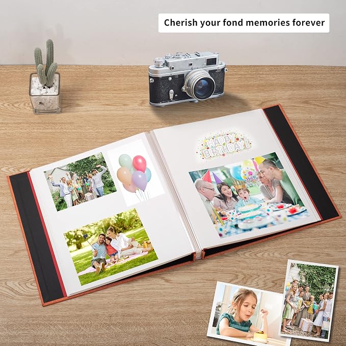 Large Photo Album Self Adhesive for 4x6 5x7 8x10 Pictures Magnetic Scrapbook Album 20 Sheets / 40 Pages Linen Cover DIY Photo Album with A Metallic Pen and and Plastic Board(Orange) - Image 2