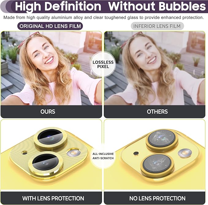 Suoman for iPhone 14 6.1 inch/iPhone 14 Plus 6.7 inch Camera Lens Protector, 9H Tempered Glass Film, [Does not Affect Night Shots] Metal Lens Protective Cover -Yellow - Image 5