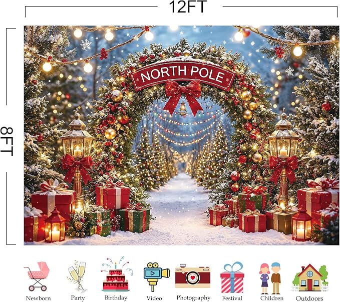 Christmas North Pole Photography Backdrop,Winter Aurora Borealis Snowy Forest Scene Background with Street Lamps,Xmas Party Decor Photo Booth Props(12x8ft) - Image 2