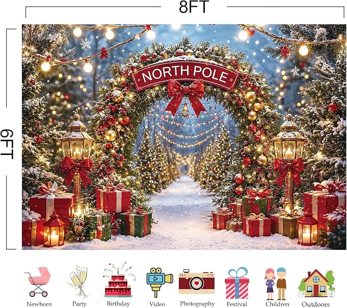 Christmas North Pole Photography Backdrop,Winter Aurora Borealis Snowy Forest Scene Background with Street Lamps,Xmas Party Decor Photo Booth Props(8x6ft) - Image 2