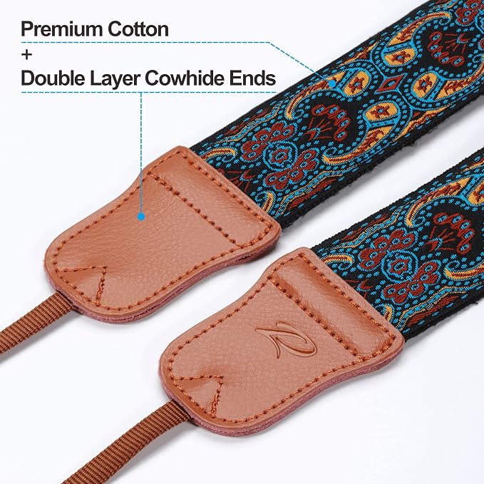 Padwa Lifestyle Mystic Blue Camera Strap - Double Layer Cowhide Ends,2" Pure Cotton Embroidered Woven Camera Straps,Universal Neck&Shoulder Strap Adjustable for All DSLR Cameras,Gift for Photographers - Image 2