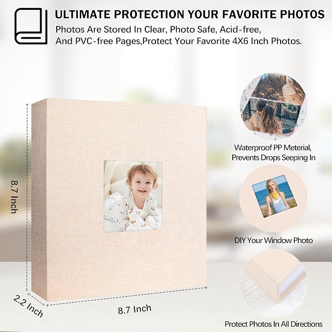 4x6 Photo Album Holds 240 Photos Writing Space, Linen Cover, Beige | Clear Acid-Free Sleeves, Memo Writing Areas, Front Display Window, Baby, Wedding, Travel & Family Picture Keepsakes - Image 2