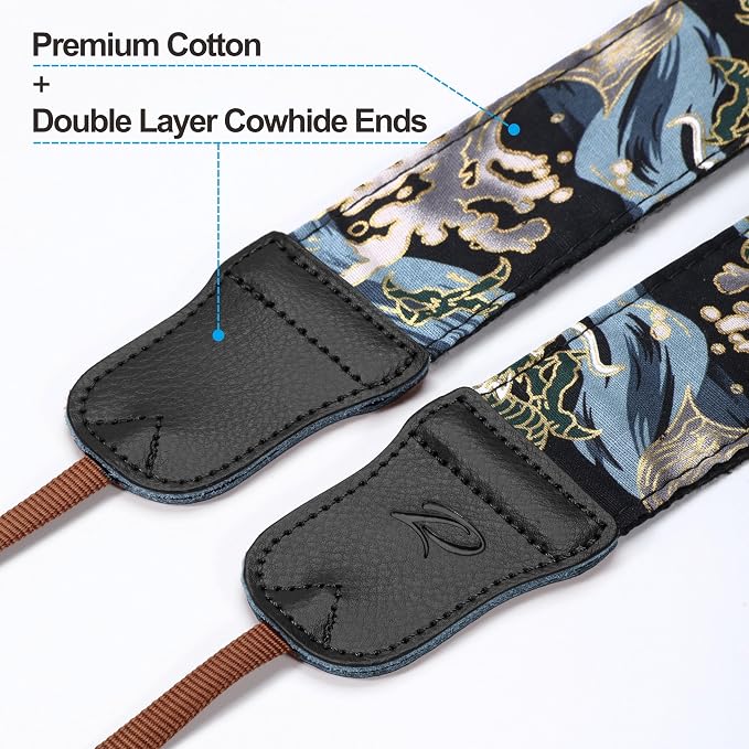 Padwa Lifestyle Blue Wave Camera Strap - 2" Cowhide Leather Head Cotton Camera Straps for Photographers,Vintage Japanese Art Print Adjustable Neck & Shoulder Strap for ALL DSLR/SLR Cameras - Image 2